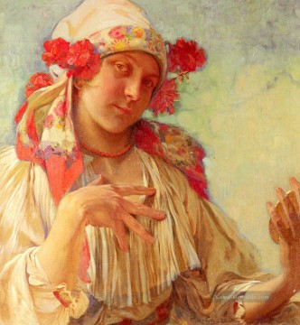  Kunst Malerei - Maria junges Mädchen in einem Moravian Kostüm Tschechisch Jugendstil Alphonse Mucha